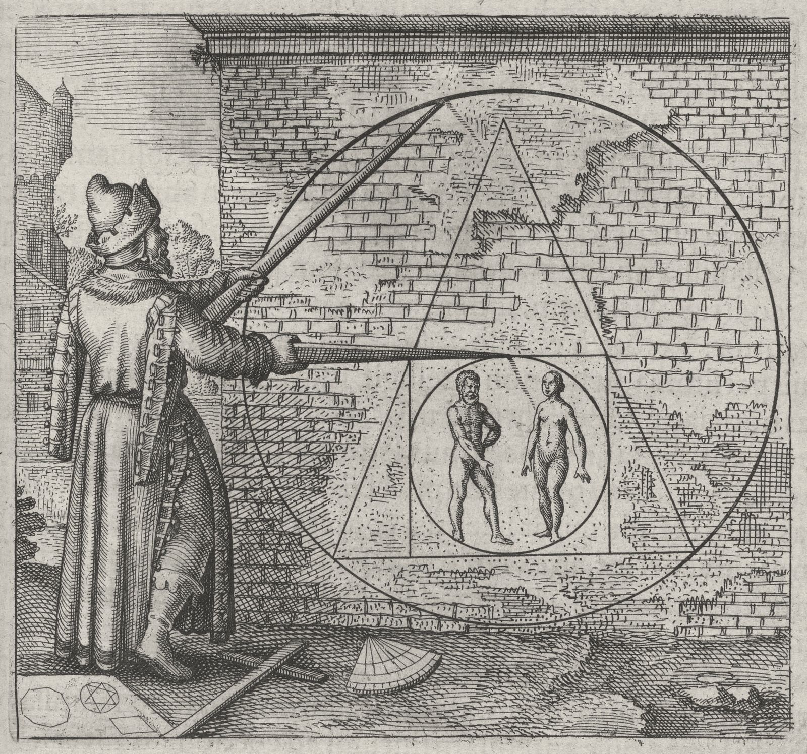 Engraving of a robed man with large compasses drawing a circle, triangle and square around two figures on a brick wall.