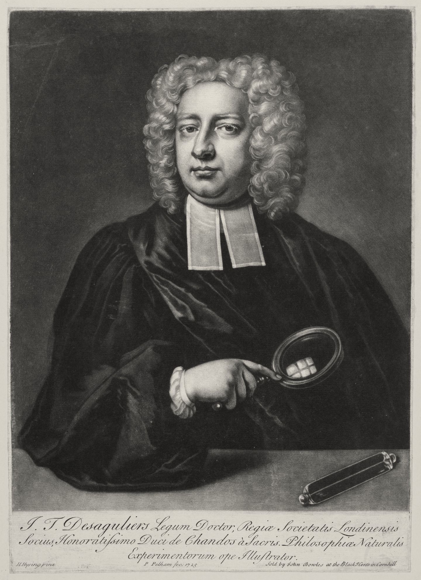 Mezzotint portrait of a man in a full wig and clerical bands holding a magnifying glass.