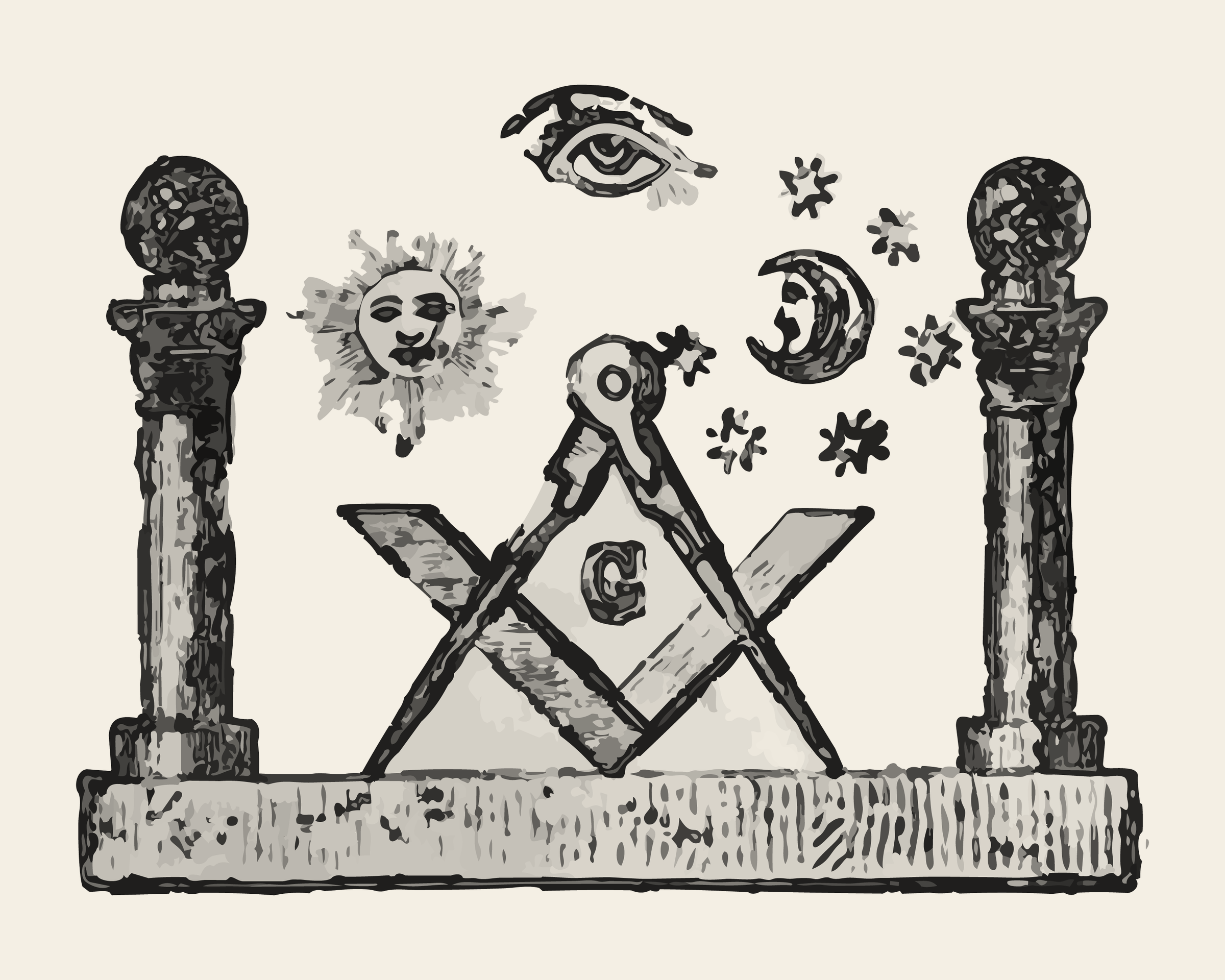 Emblem of two pillars flanking a square and compasses, beneath a sun, moon, stars and an eye.