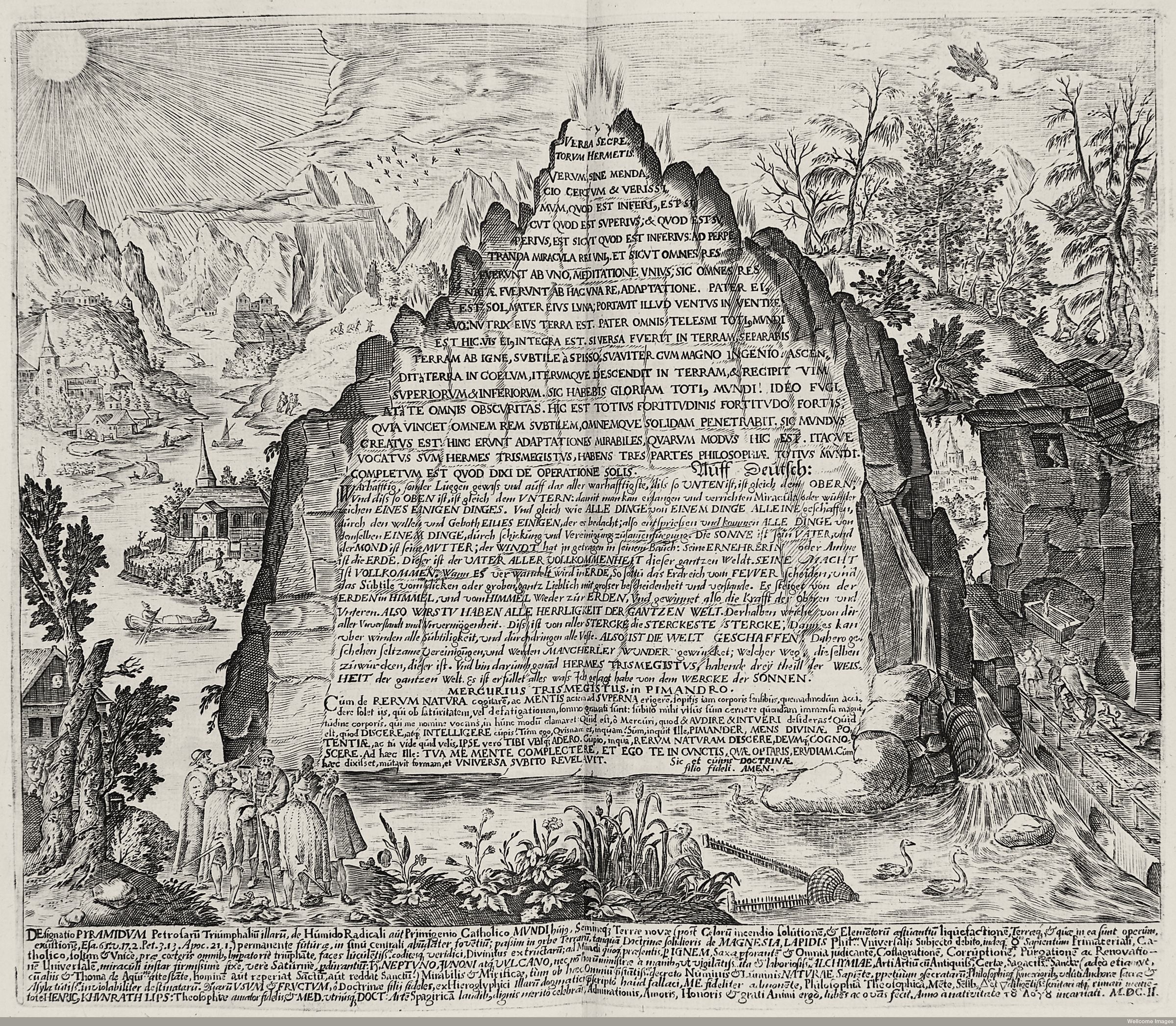 Engraving of a rock face in a landscape, inscribed from top to bottom with lines of text.