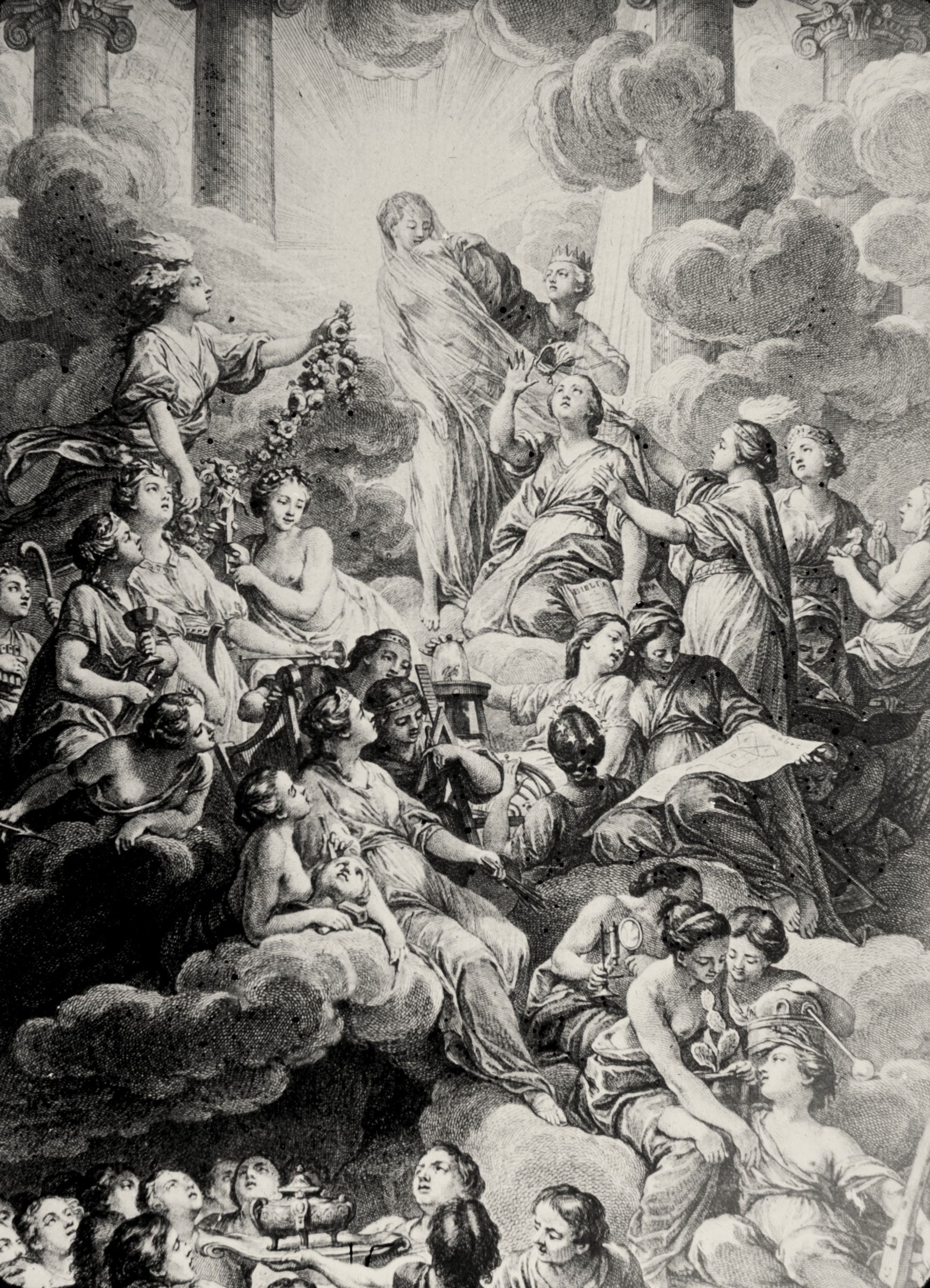 Engraved frontispiece of allegorical figures in clouds gathered beneath a radiant veiled figure of Truth.
