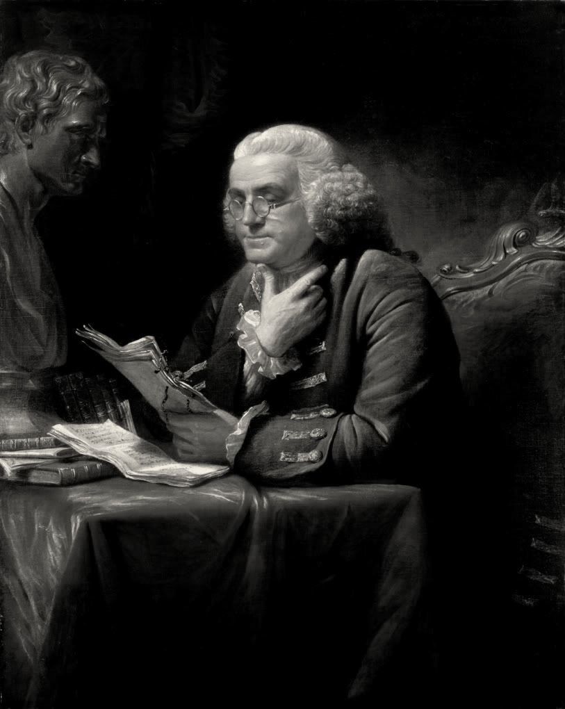 Portrait of Benjamin Franklin reading, chin resting on his thumb.
