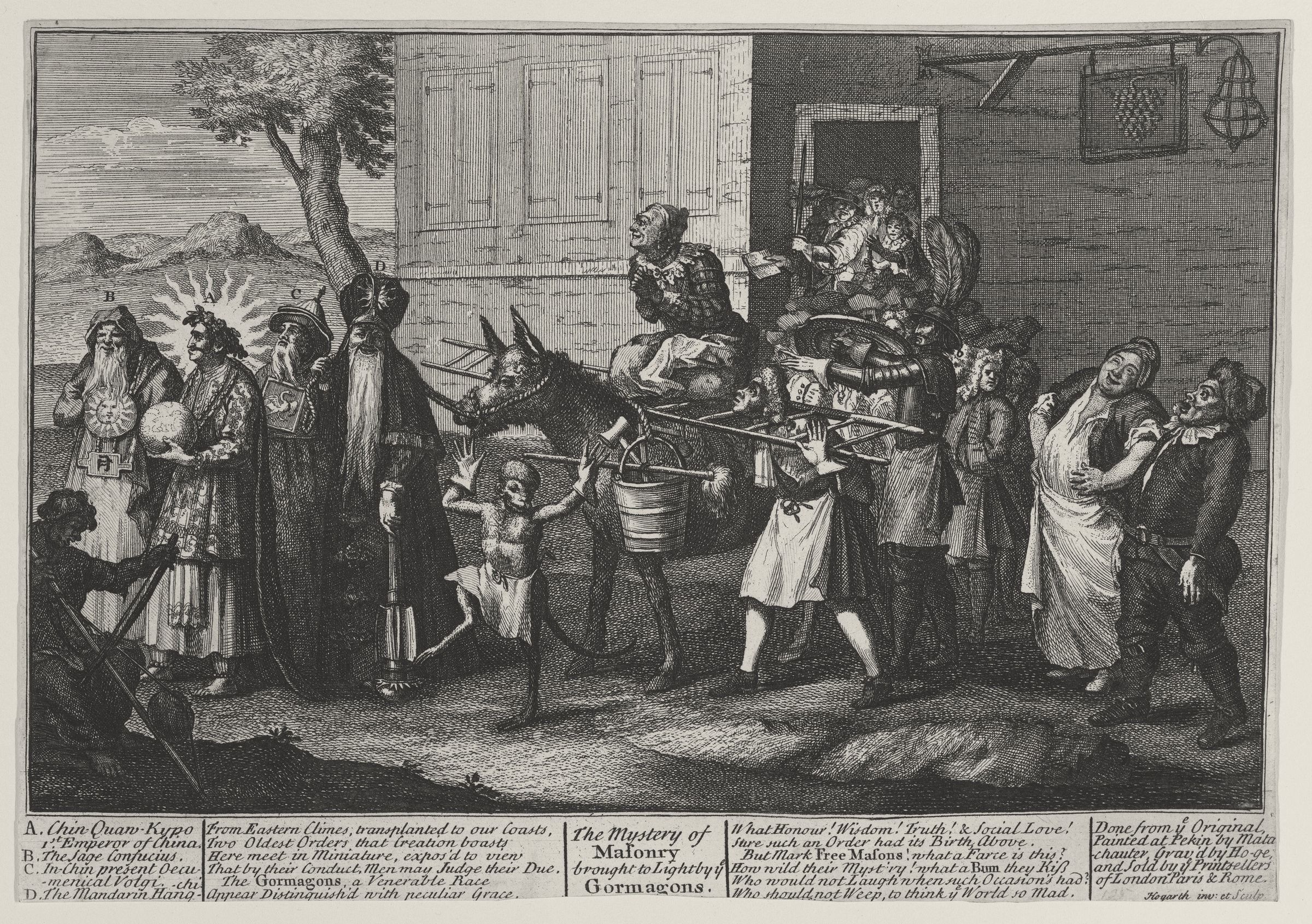 Satirical engraving of a mock procession of Freemasons with a donkey, ladder and costumed figures.