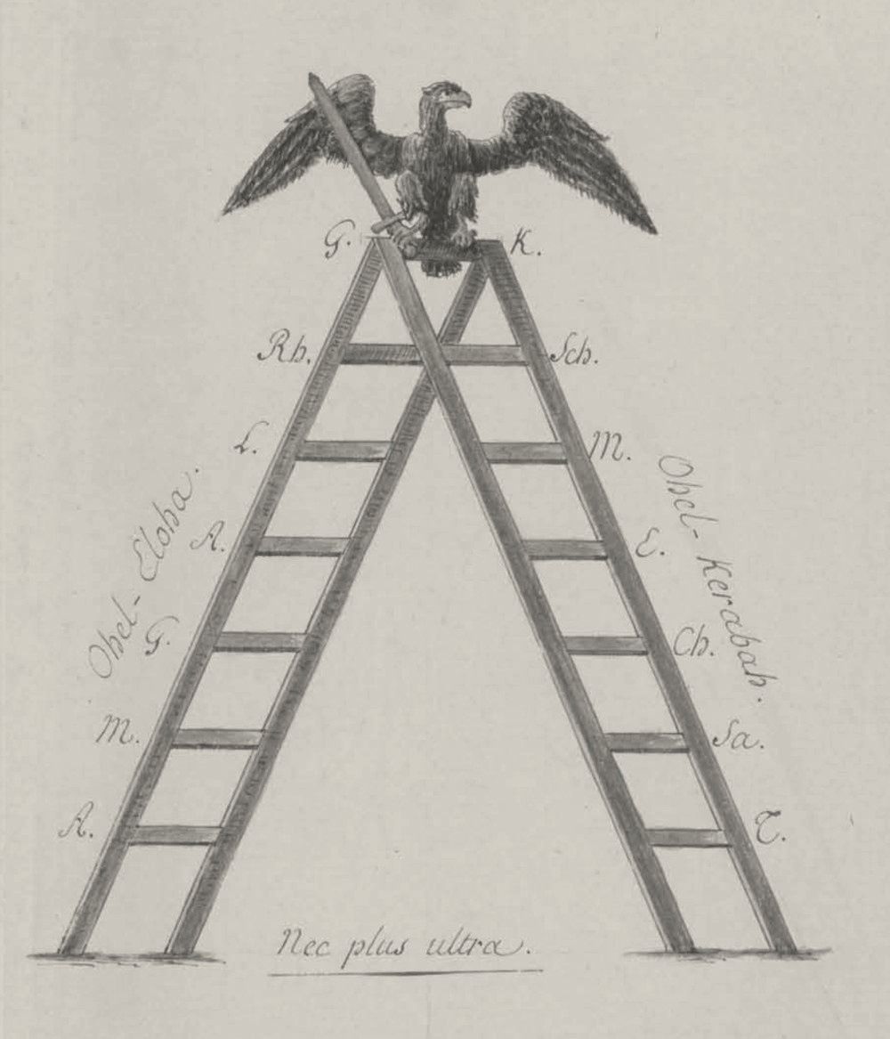Engraving of a two-sided ladder with seven rungs on each side and an eagle perched at the top.