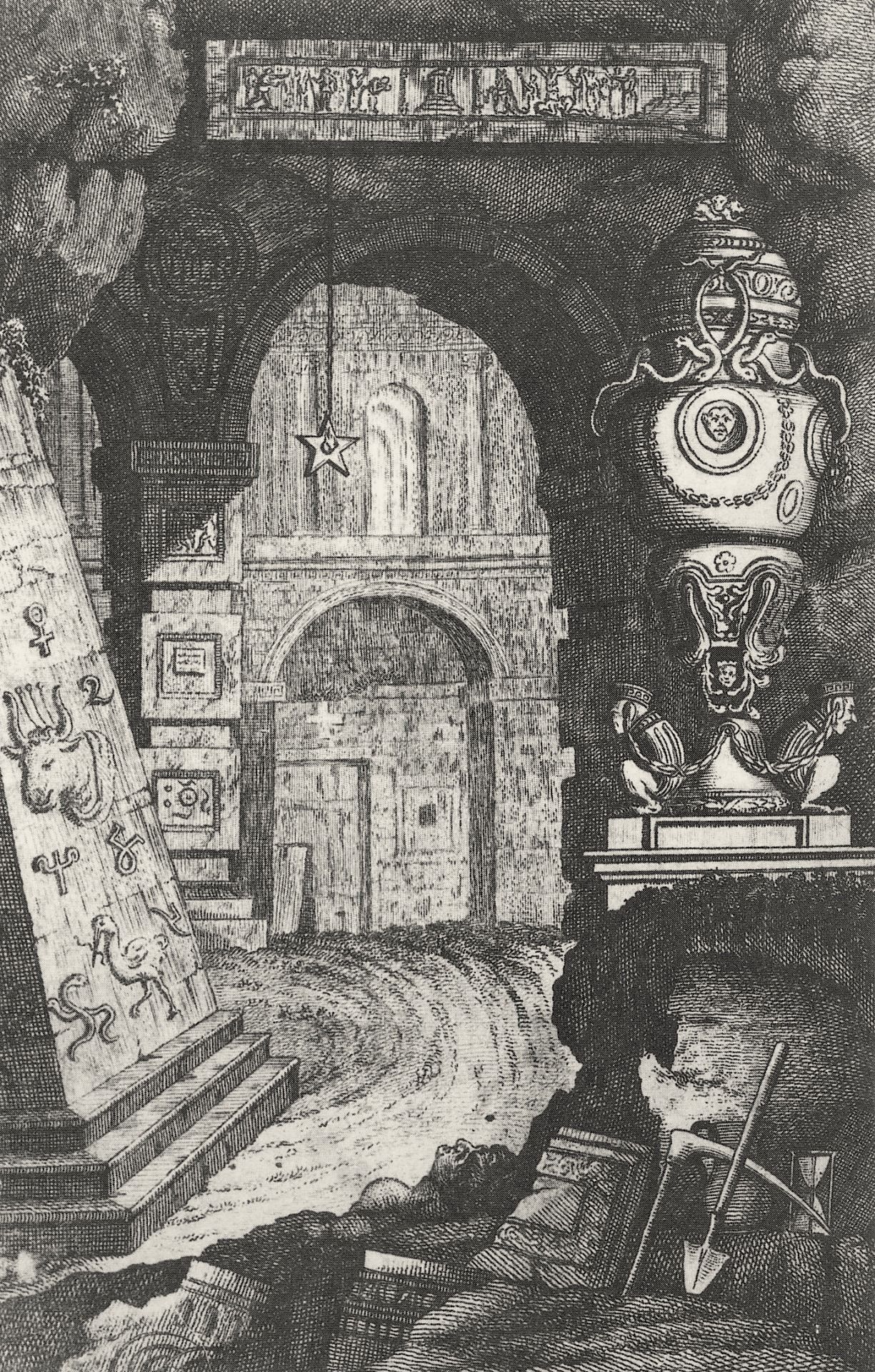 Engraving of a vaulted ruin with an arch, an urn, a pyramid with hieroglyphs and tools on the ground.