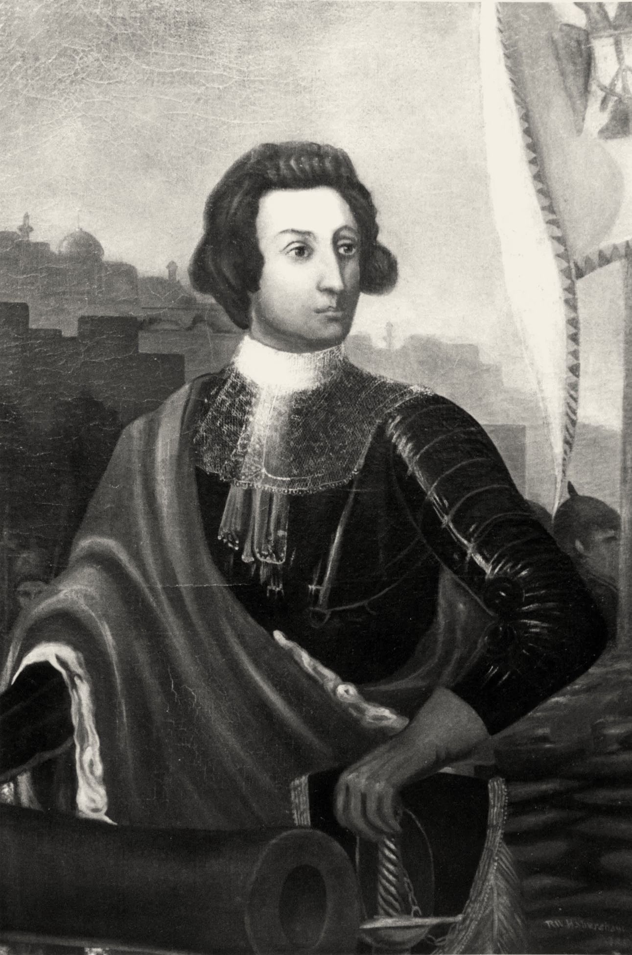 Painted portrait of James Oglethorpe in armour.