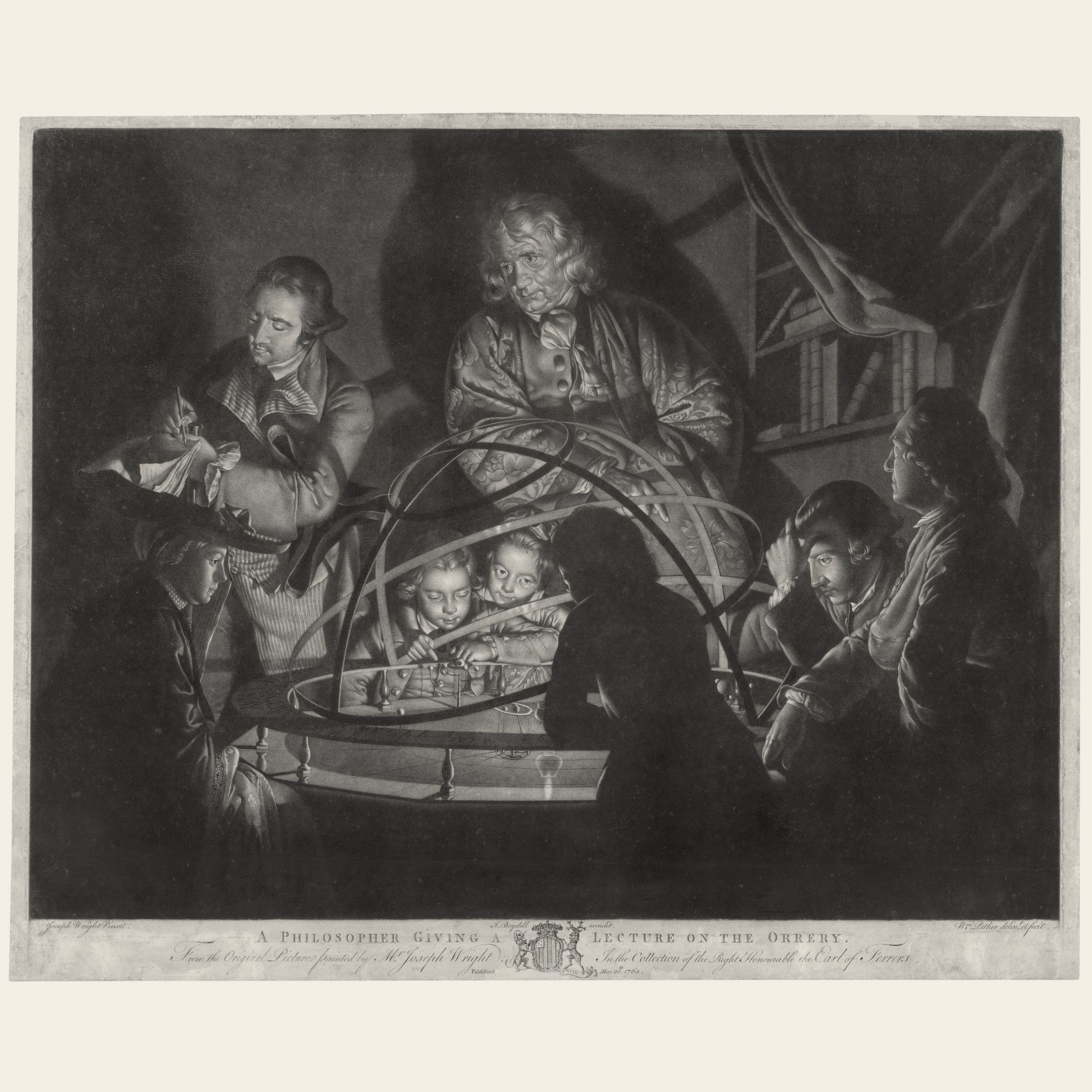 Mezzotint of a lecturer and listeners gathered in the dark around a glowing orrery.