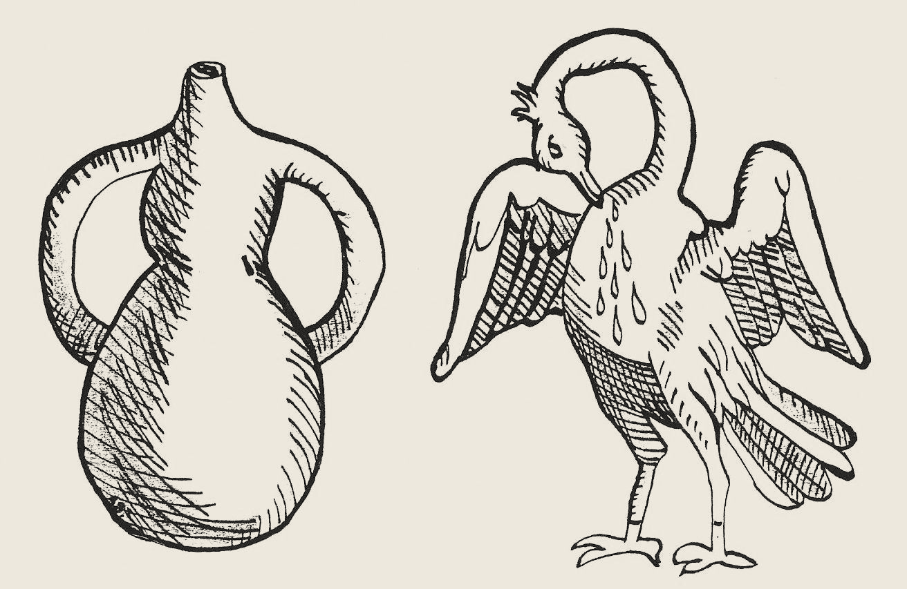 Line drawing of a two-armed distillation vessel beside a pelican bending its beak to its breast.