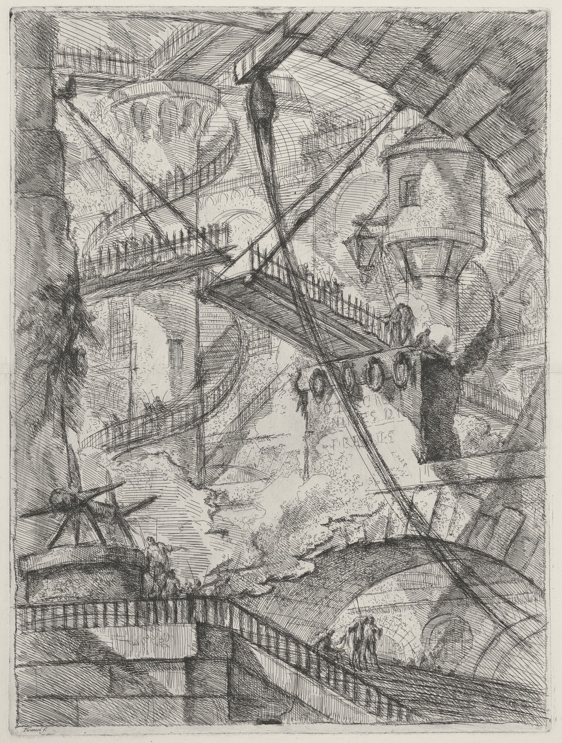 Etching of a vast vaulted prison interior crossed by a drawbridge, stairs, beams and ropes.