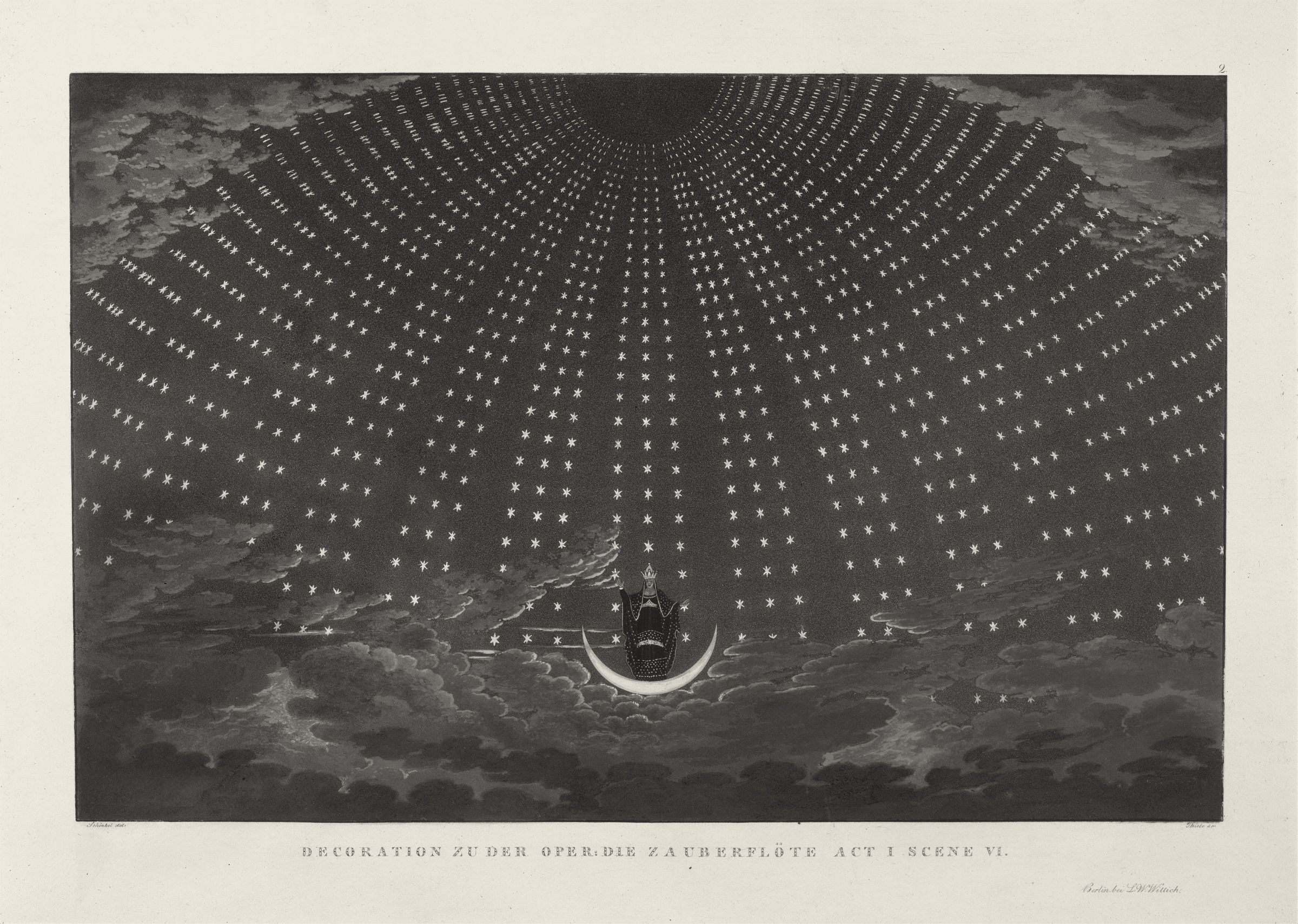 Aquatint of a stage set: a dome of stars in ordered rows over a crescent moon and clouds.