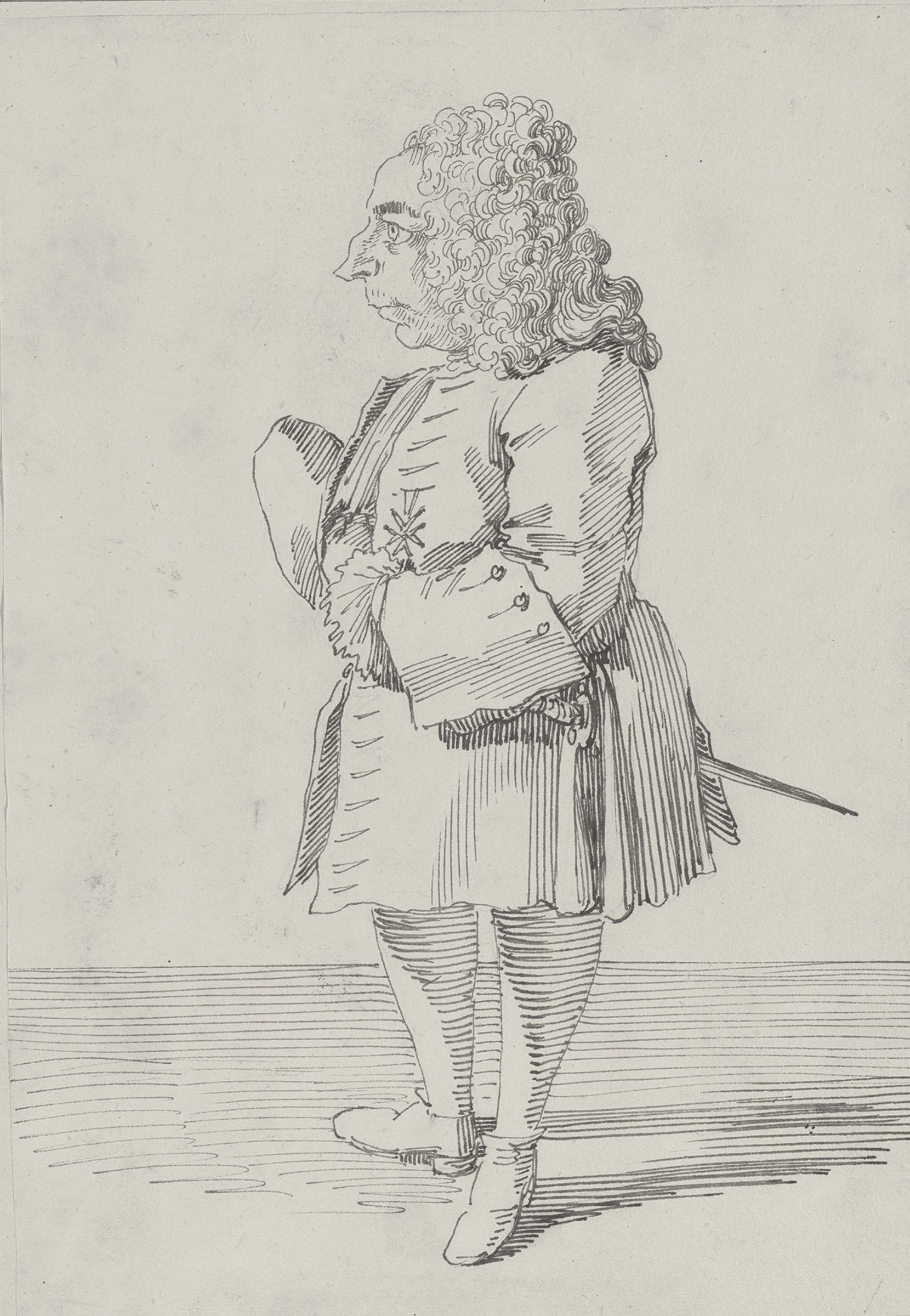 Pen caricature of a man in profile wearing a long curled wig, coat and sword.