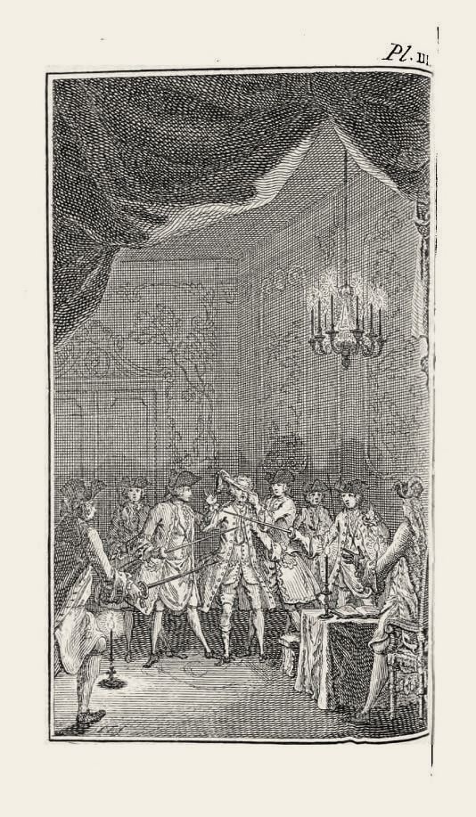 Engraving of a draped room lit by a chandelier, with a ring of men in coats around a figure at the centre.