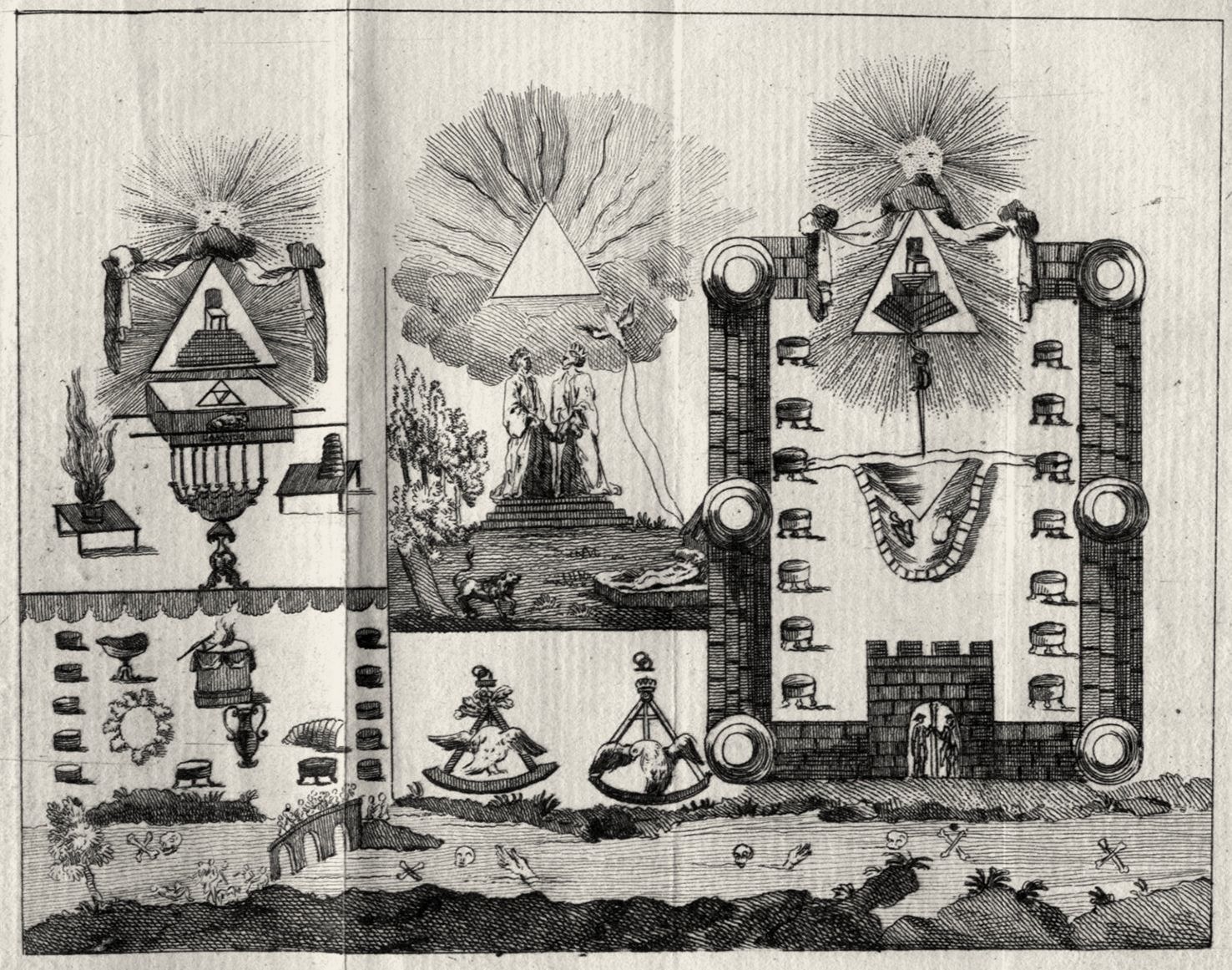 Engraved sheet of emblems: radiant triangles, urns, a walled building and rows of small symbols.