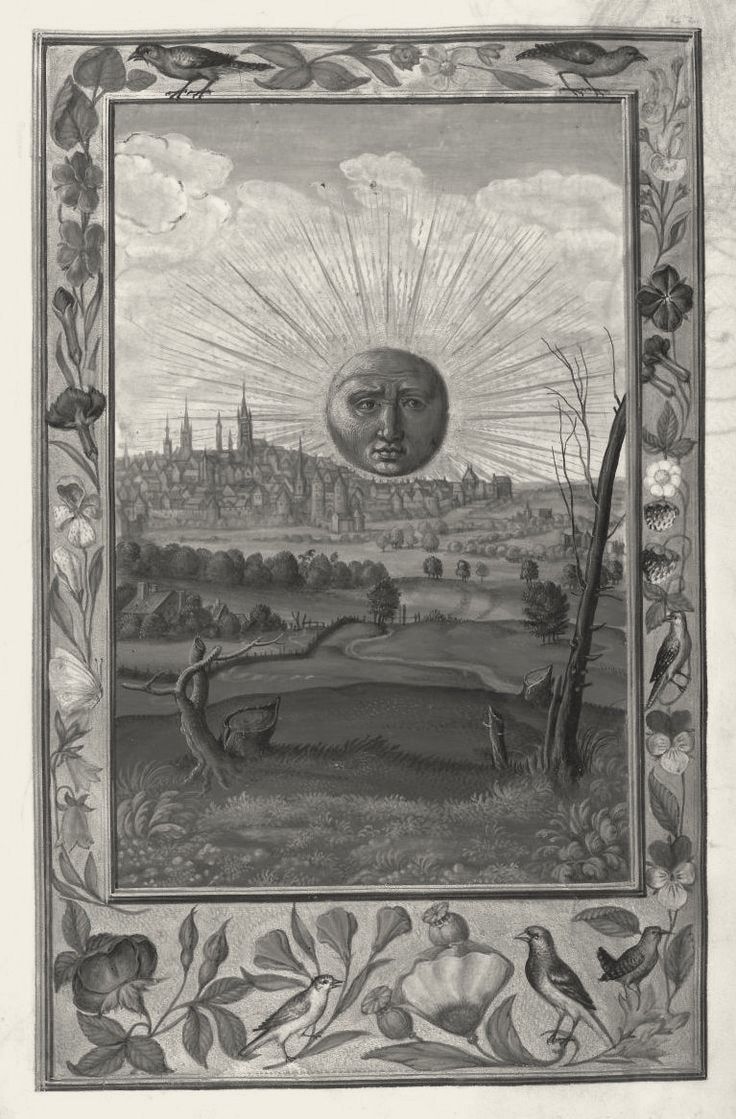 Manuscript illumination of a sun with a human face above a city and fields, inside a floral border.