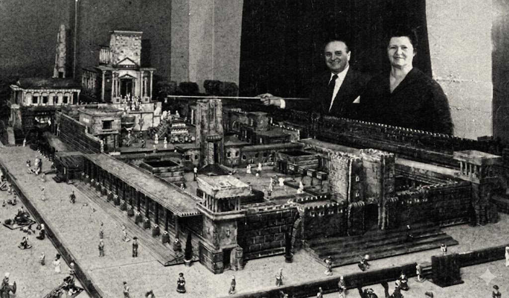 Photograph of a large scale model of a walled temple complex, with a man and a woman standing behind it.
