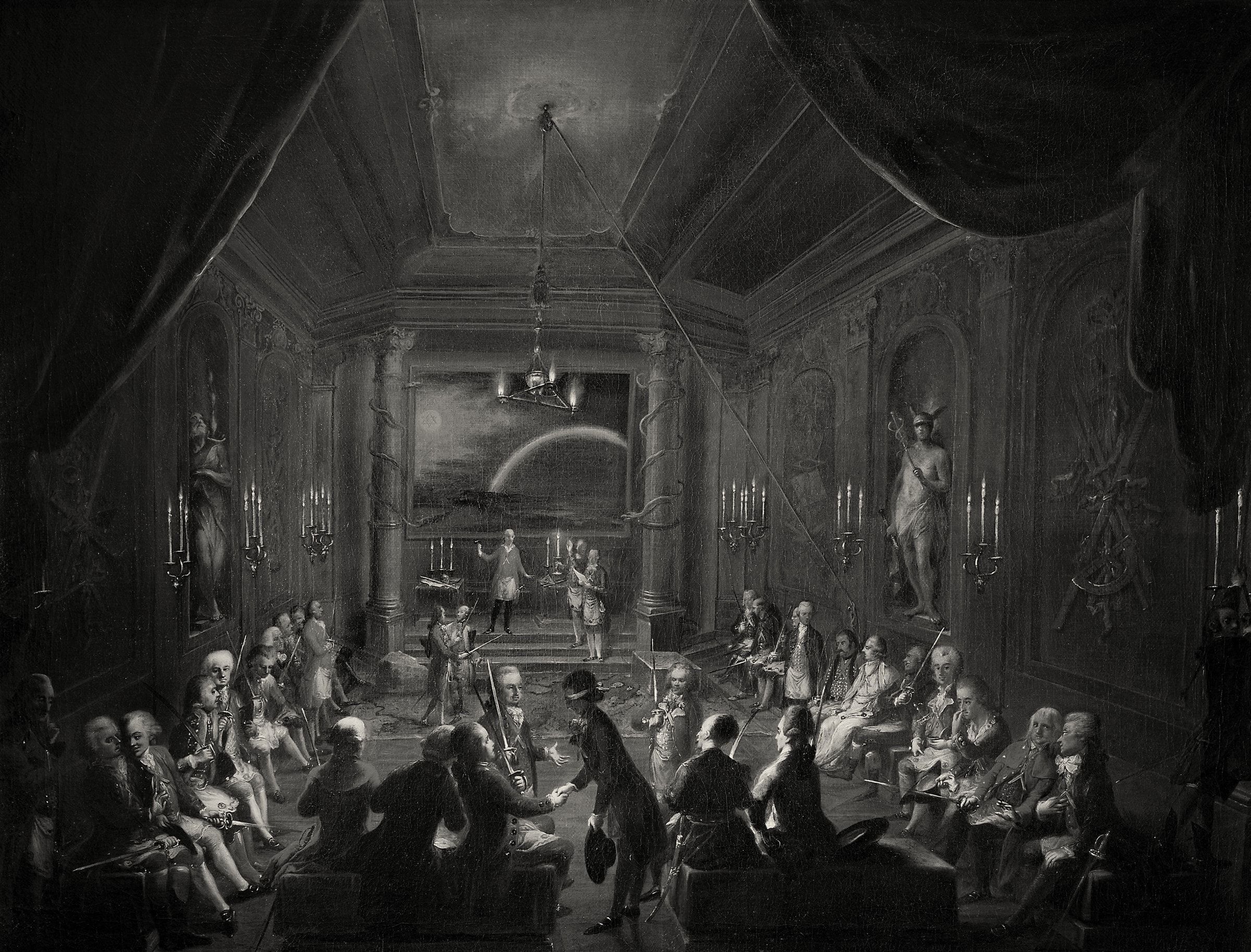 Painting of a dim, crowded lodge room with a candidate led across the floor between seated members.