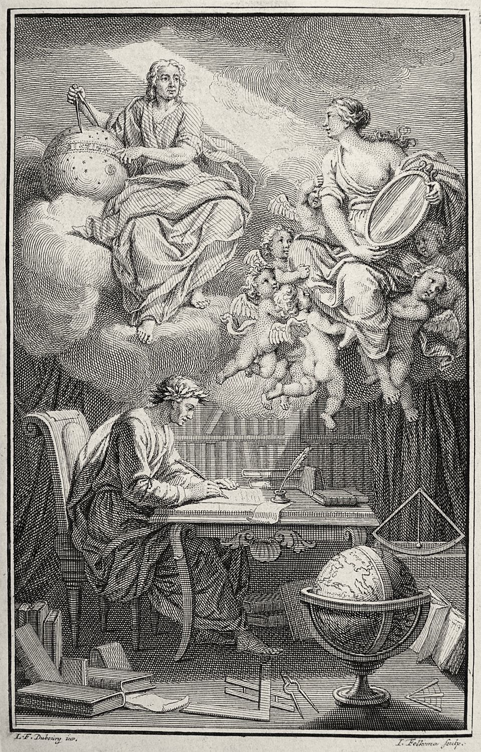 Engraving of a writer at a desk lit by a beam reflected from a mirror held by a figure in the clouds beside Newton with a compass and globe.