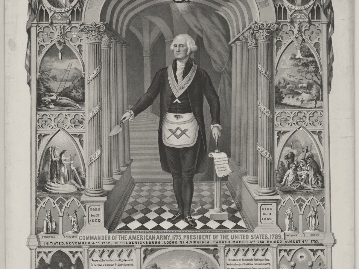 Print of George Washington standing in Masonic apron and collar.